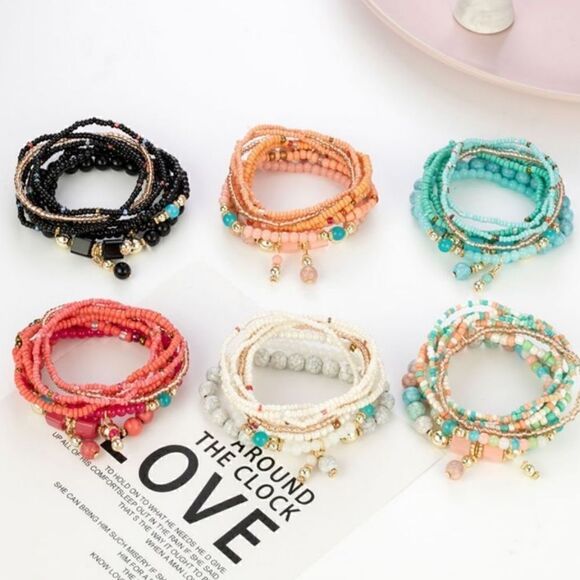 Stackable Bead Bracelets Ladies Stretch Multilayer Bracelet Set - Multicolor - Picture 3 of 12